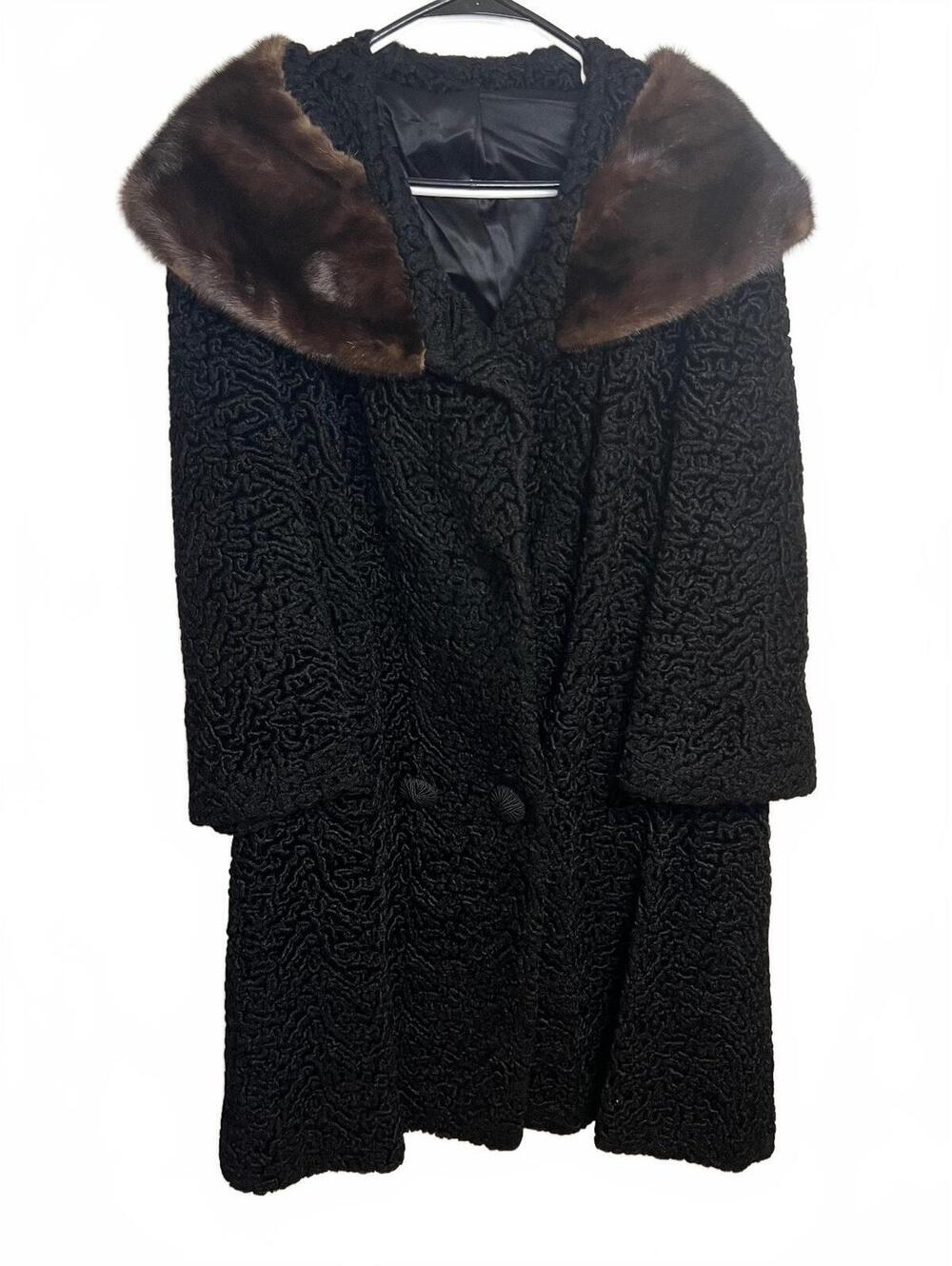 Vintage 50s 60s Miracurl Coat Medium Black Persian Lamb Mink Fur Collar Jacket